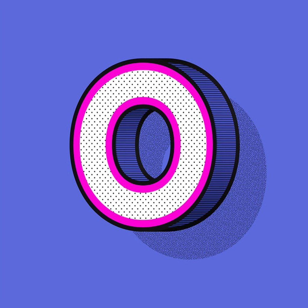 3D letter O wallpaper with pink outline white halftone face retro shadow on purple background