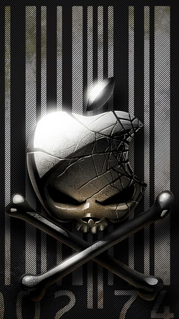 3D Pirate Apple Logo Wallpaper: Edgy Metallic Design with Bones