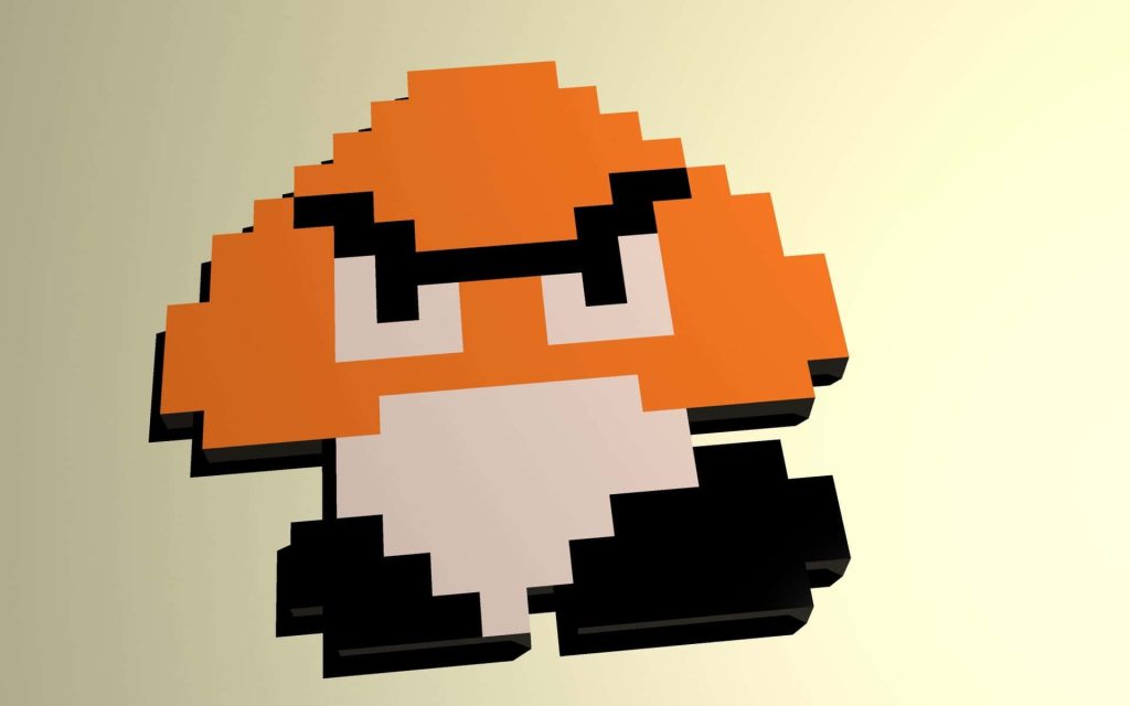 3D pixel art Goomba with orange cap and angry face on soft gradient minimalist wallpaper background