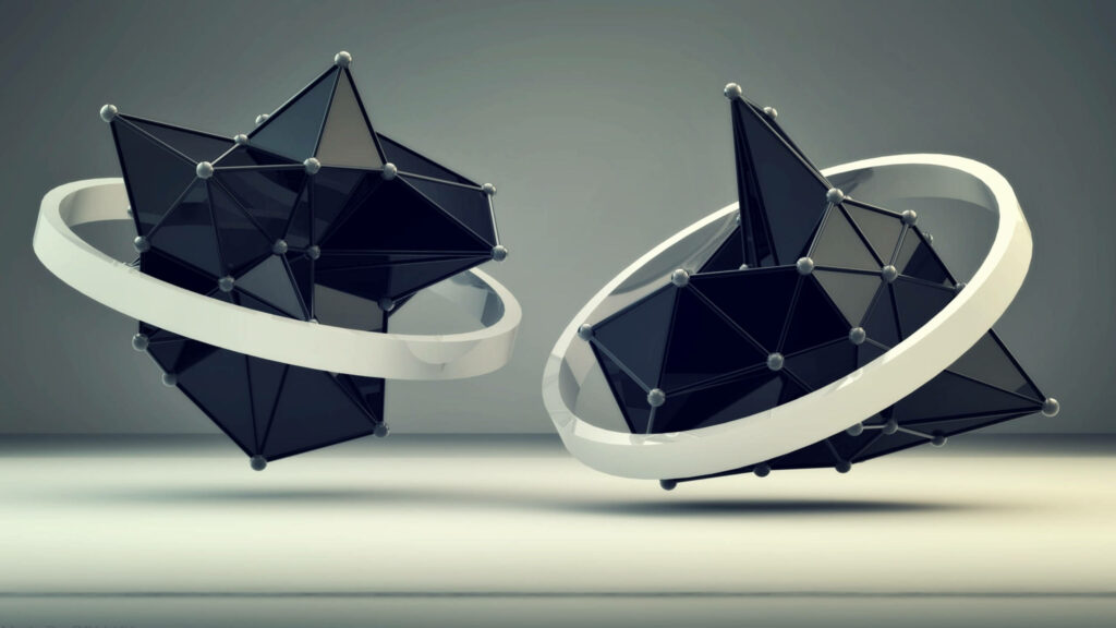 Elegant 3D Platonic Shapes with Sleek Rings on Gradient Background Wallpaper