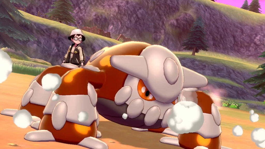 3D Pokémon Heatran Wallpaper: Trainer & Lush Mountain Background