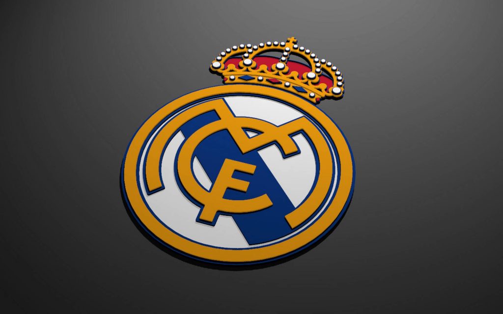 3D Real Madrid CF logo wallpaper with yellow blue white crest on dark grey minimalist background