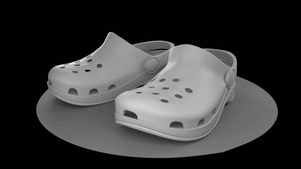 3D realistic gray Crocs clogs with detailed texture and perforated design on dark background wallpaper