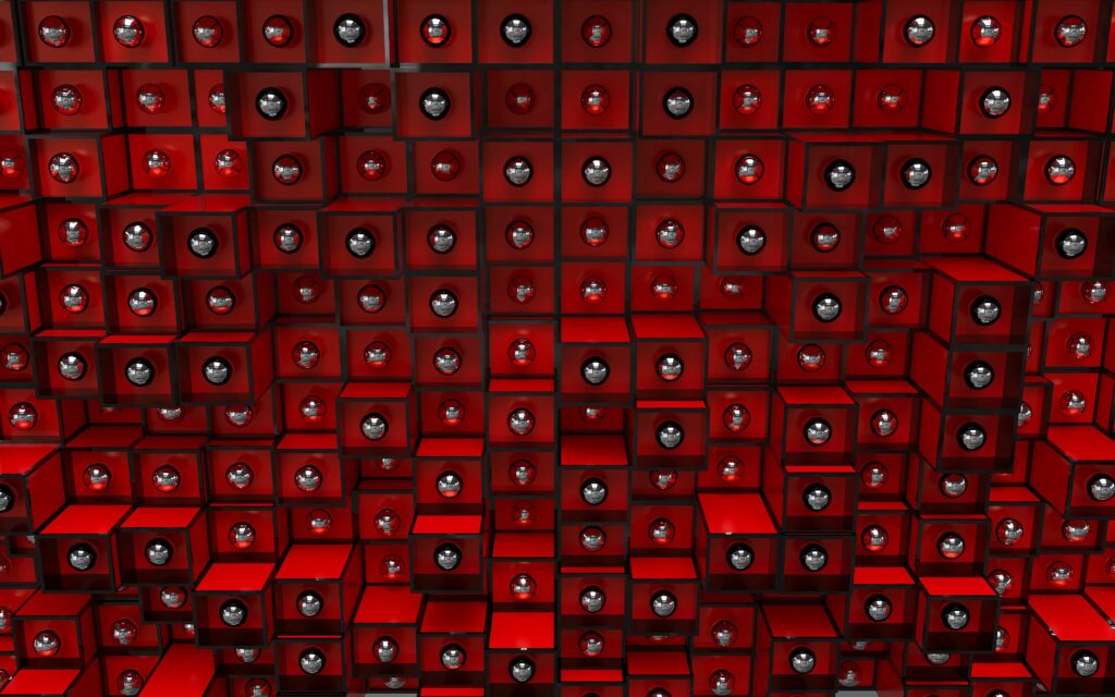 Futuristic 3D Red Cube Wallpaper with Metallic Spheres - 3840x2400