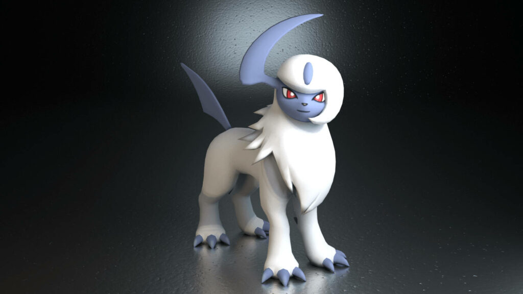 3D-Rendered Absol Creature Wallpaper on Dark Reflective Surface