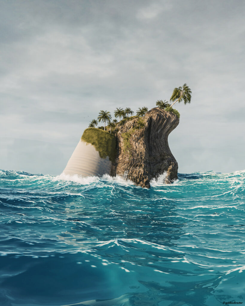 Surreal 3D Island Wallpaper: Lush Palm Trees & Deep Blue Sea