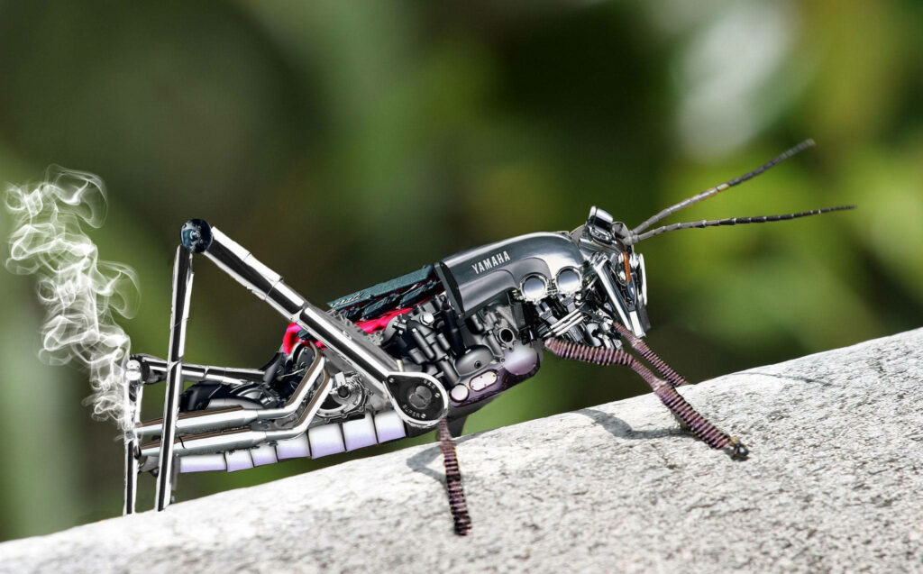 3D Metal Grasshopper Wallpaper: Industrial Meets Organic Art