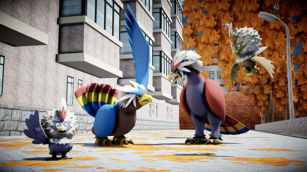 Vibrant Urban Wallpaper: 3D Rufflet & Braviary with Autumn Foliage