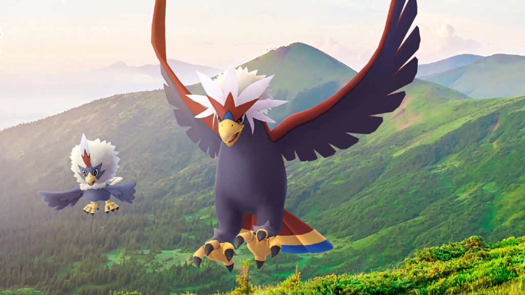 3D Rufflet and Braviary soaring above lush mountains vibrant Pokémon wallpaper background