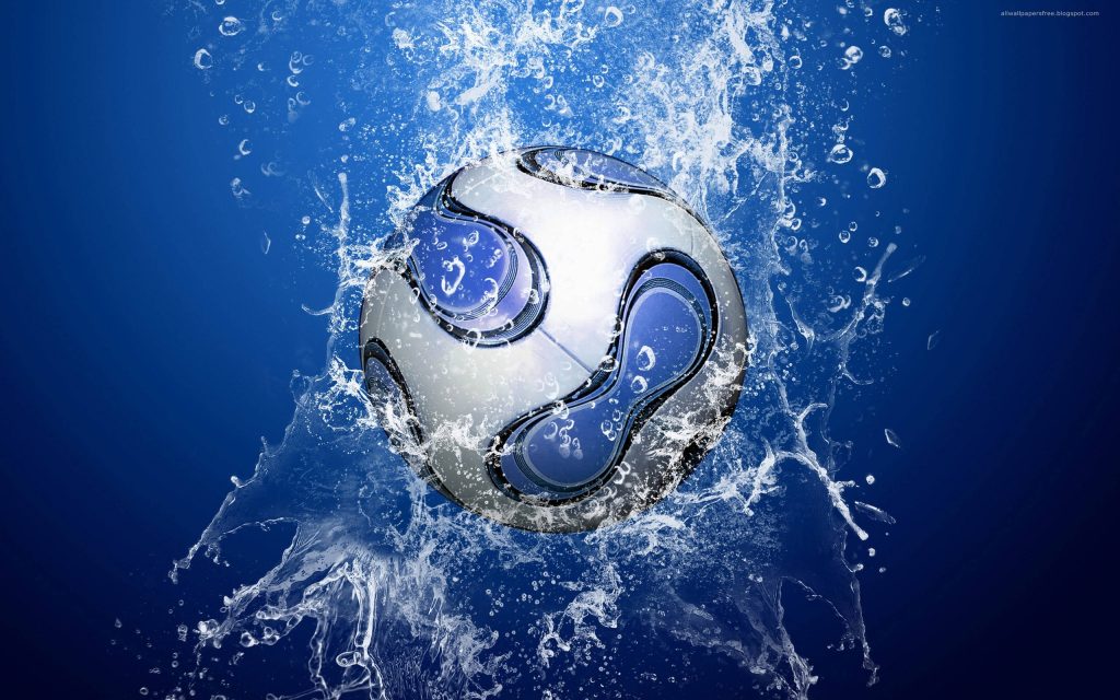 3D silver blue football with water splash on deep blue background soccer wallpaper design