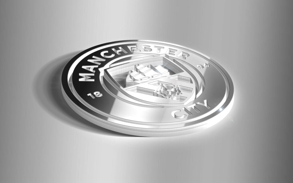 3D silver Manchester City logo wallpaper with metallic finish on reflective smooth background