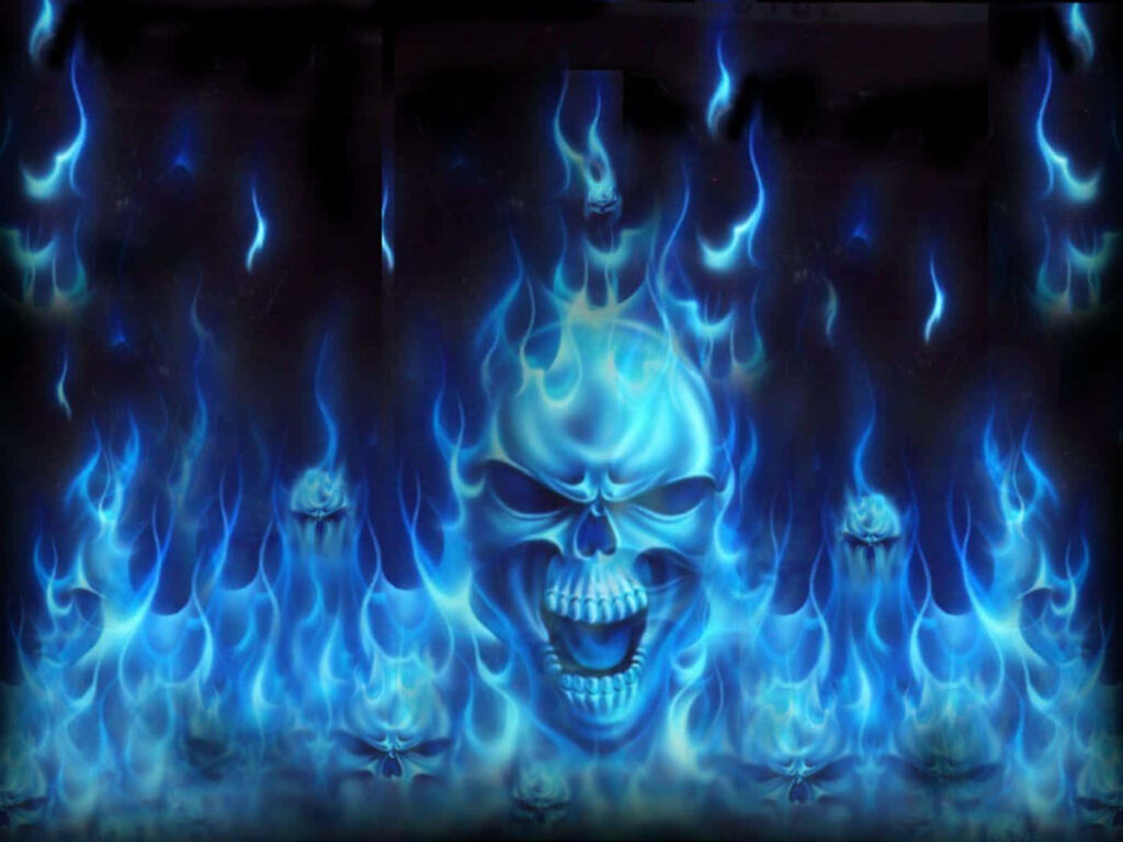 Intense 3D Skull Wallpaper: Blazing Blue Flames on Dark Background
