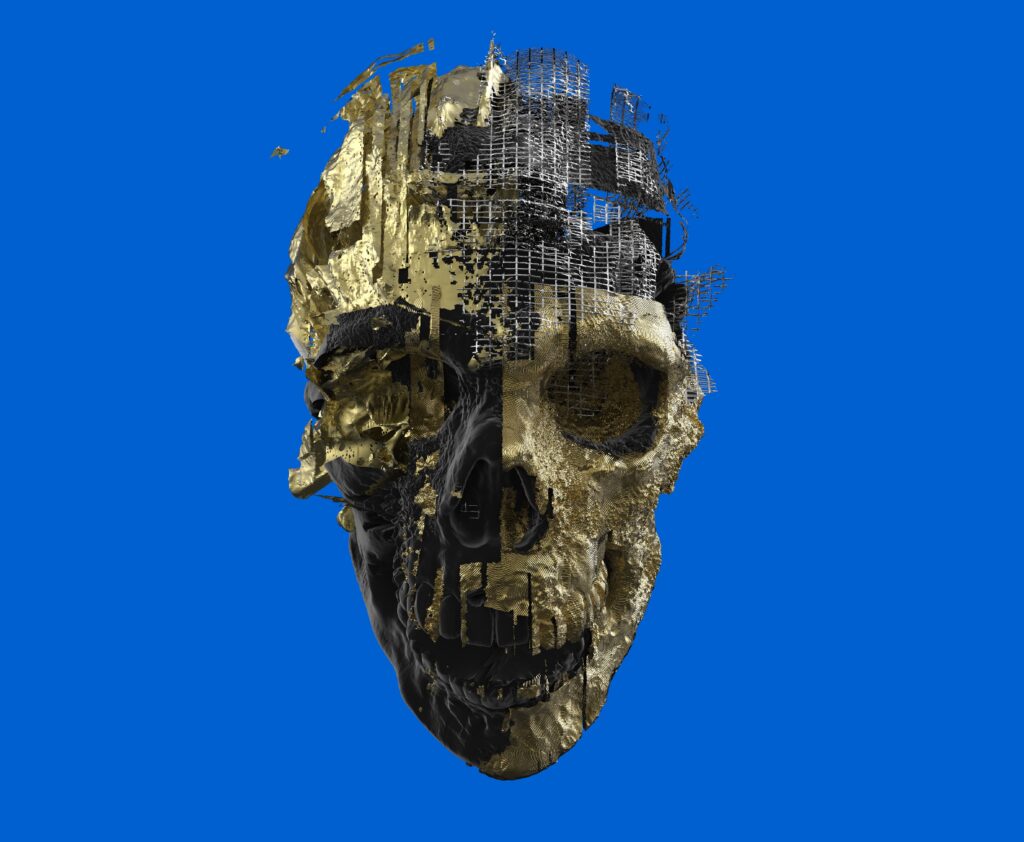 Vivid Blue Skull Wallpaper: 3D Rendered Black & Gold Design
