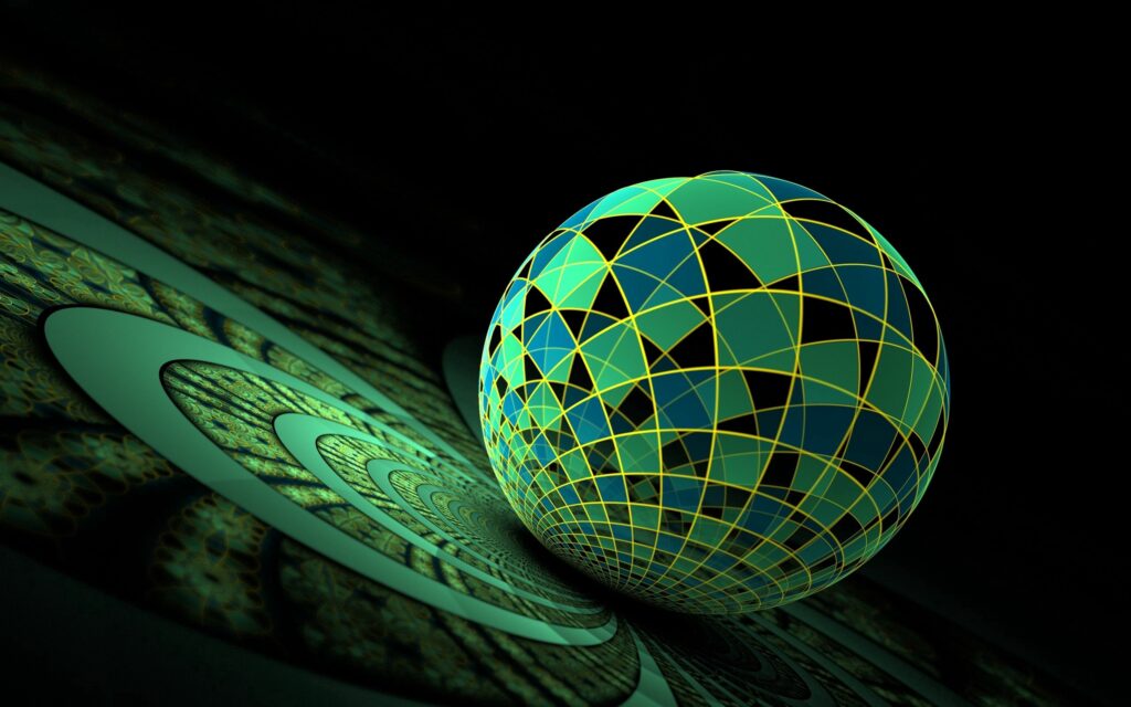 3D Spherical Object Wallpaper: Yellow & Green Grids on Dark Abstract