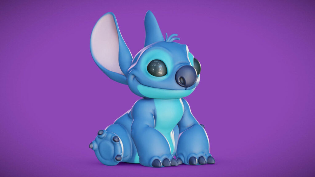 Vibrant 3D Stitch Wallpaper with Blue Fur on Purple Background