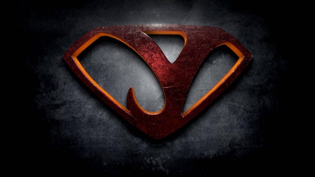 3D digital art wallpaper of stylized letter Y in distressed red Superman shield with orange glow
