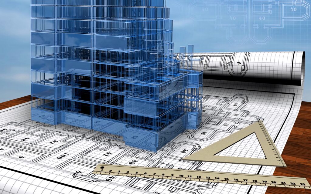 Transparent blue 3D building model on architectural blueprints with ruler and set square on wood Wallpaper