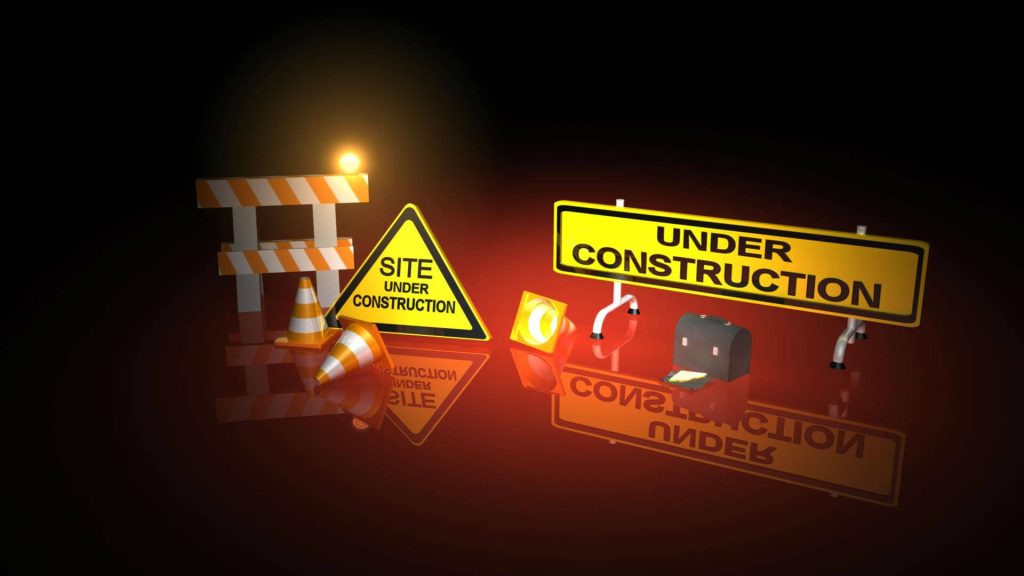 3D under construction signs with traffic cones and barricades on dark reflective background wallpaper