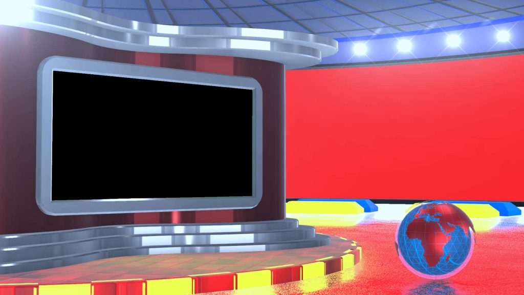 3D virtual news studio with red backdrop black monitor and wireframe globe high quality CGI set Wallpaper