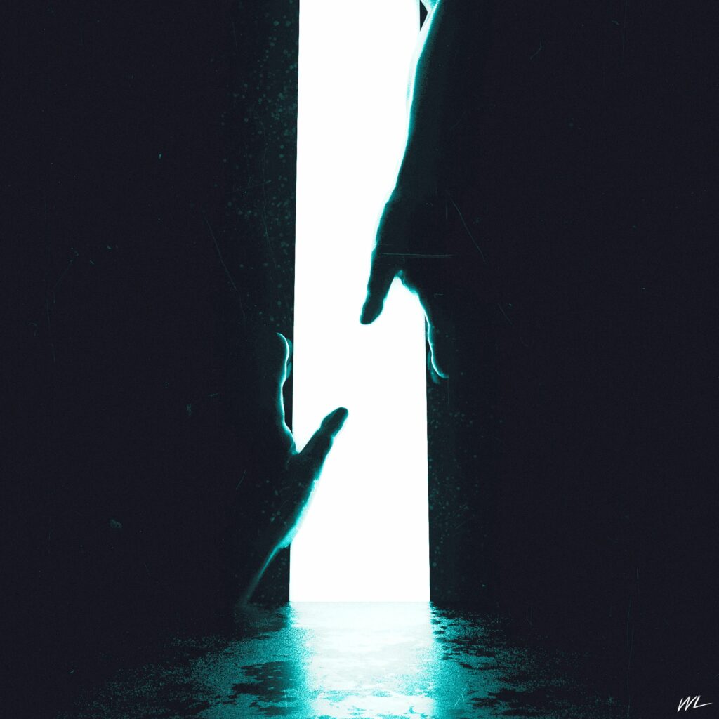3D Wallpaper: Hands Reaching with Radiant Light & Dark Background
