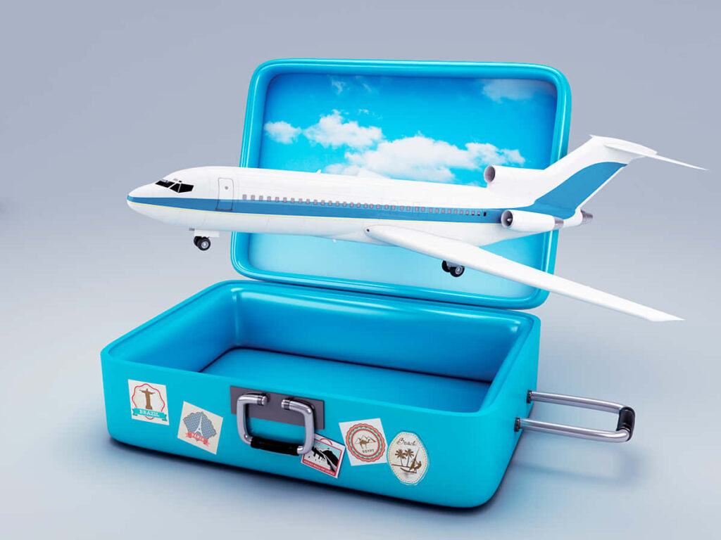 3D Blue Suitcase & Airplane Wallpaper - Travel Adventure Decor