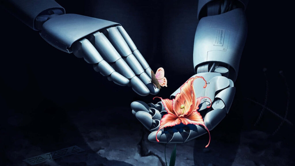 Advanced 3D Tech Wallpaper: Robotic Hands with Butterfly & Flower