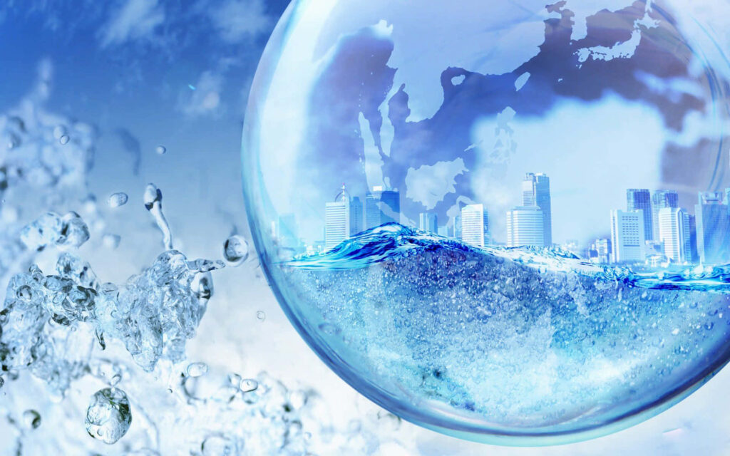 3D Water Flow Cityscape Wallpaper with Splashing Visuals