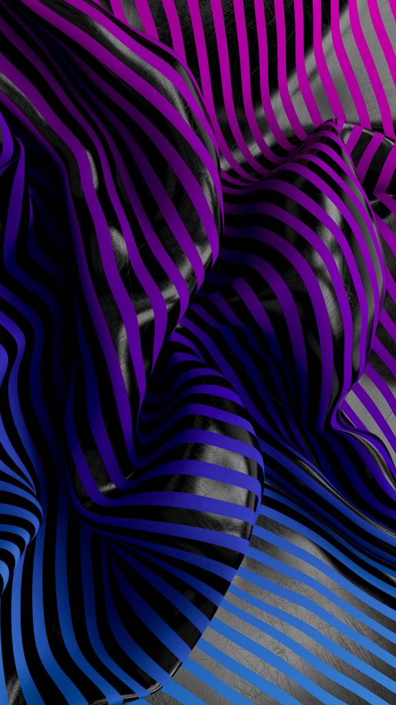 3D waveform wallpaper with violet and blue stripes on textured black background abstract art