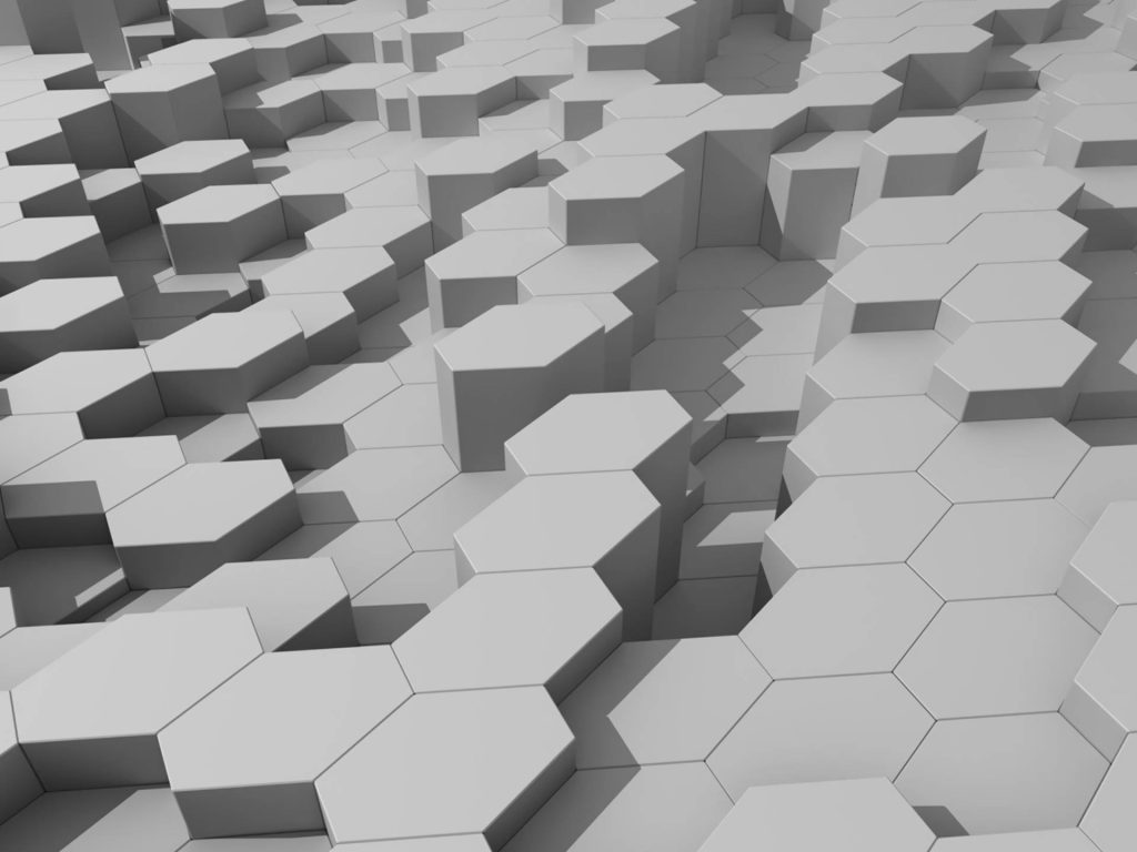 3D white hexagonal prism wallpaper with geometric pattern and dramatic lighting for modern screens