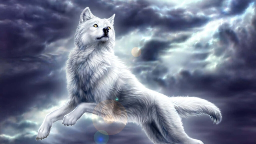 Majestic 3D White Wolf Leaping Under Dramatic Cloudy Sky Wallpaper