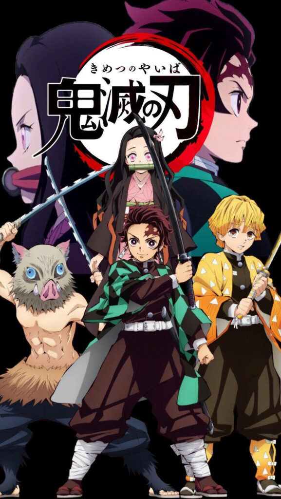 Unite Against Demons: Wallpaper Featuring Demon Slayer's 4 Allies on Your Phone Background