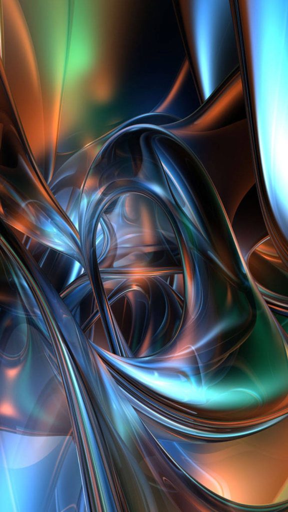 4D abstract curves wallpaper with fluid metallic shapes in blue cyan and copper high gloss finish