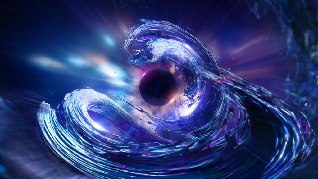 Futuristic 4D Ultra HD wallpaper with black sphere and swirling blue purple water reflections