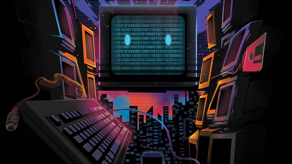 4D Ultra HD cyberpunk robot with glowing blue eyes and binary code in retro synthwave cityscape Wallpaper
