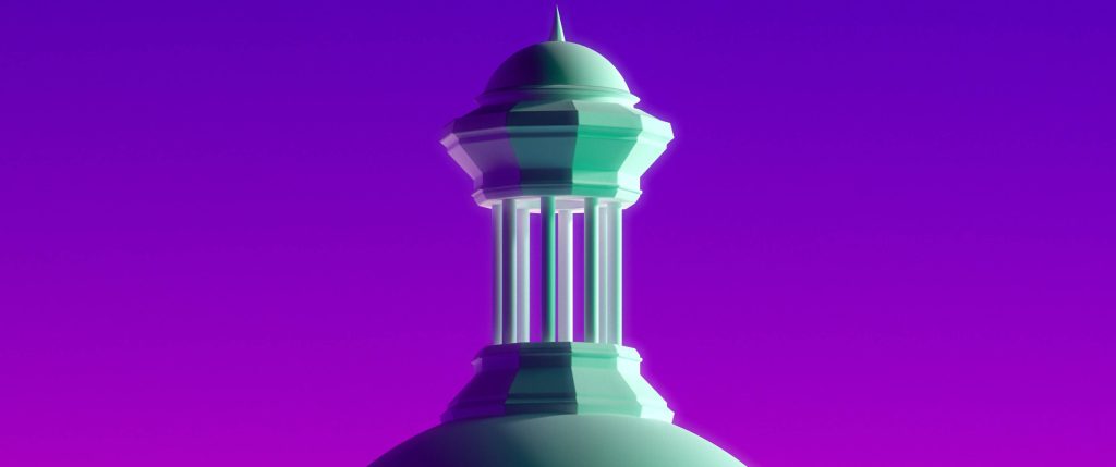 Minimalist mint classical architecture with columns and dome on vibrant purple gradient background Wallpaper
