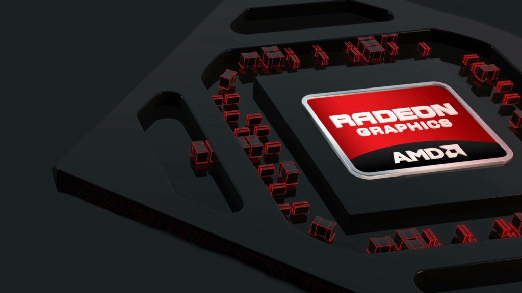 AMD Radeon logo on futuristic black circuit board 3D wallpaper advanced graphics technology