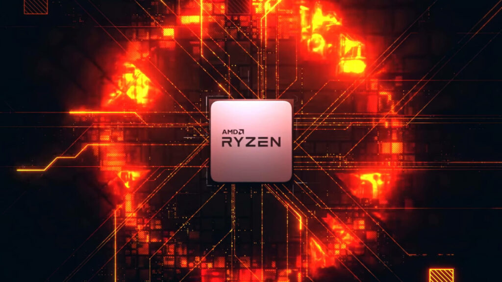 4k wallpaper of AMD Ryzen processor with fiery digital circuits and glowing orange flames background