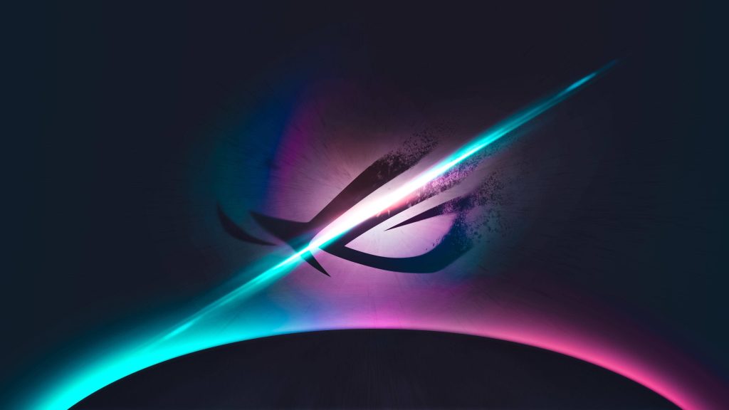 4K ASUS ROG logo wallpaper dark background with vibrant cyan purple RGB diagonal light streak