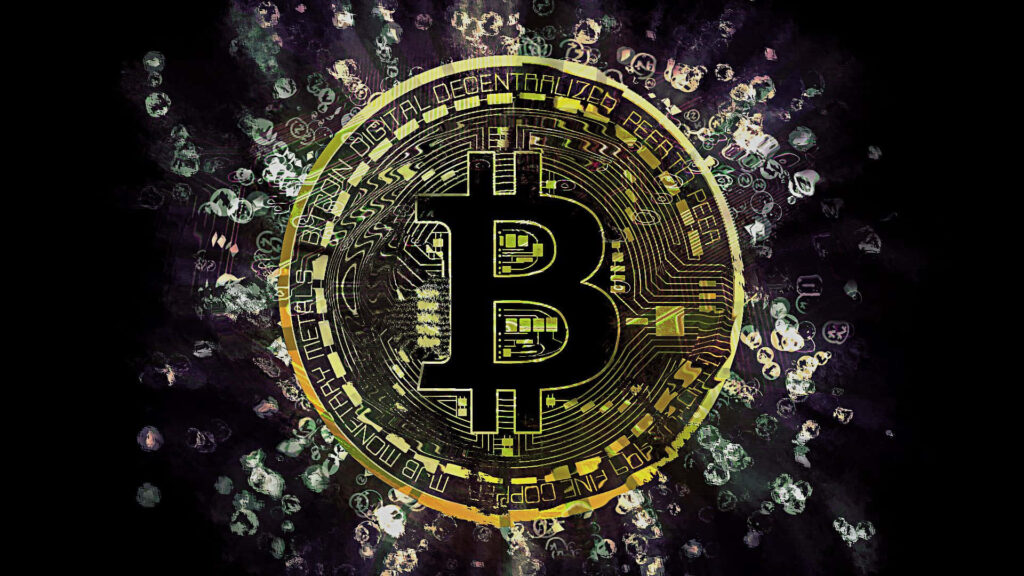 4k abstract digital art wallpaper with golden Bitcoin symbol and futuristic glowing circuitry background