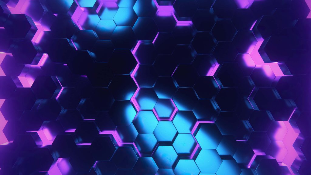 4K abstract hexagon wallpaper with 3D honeycomb panels in neon blue and purple lighting