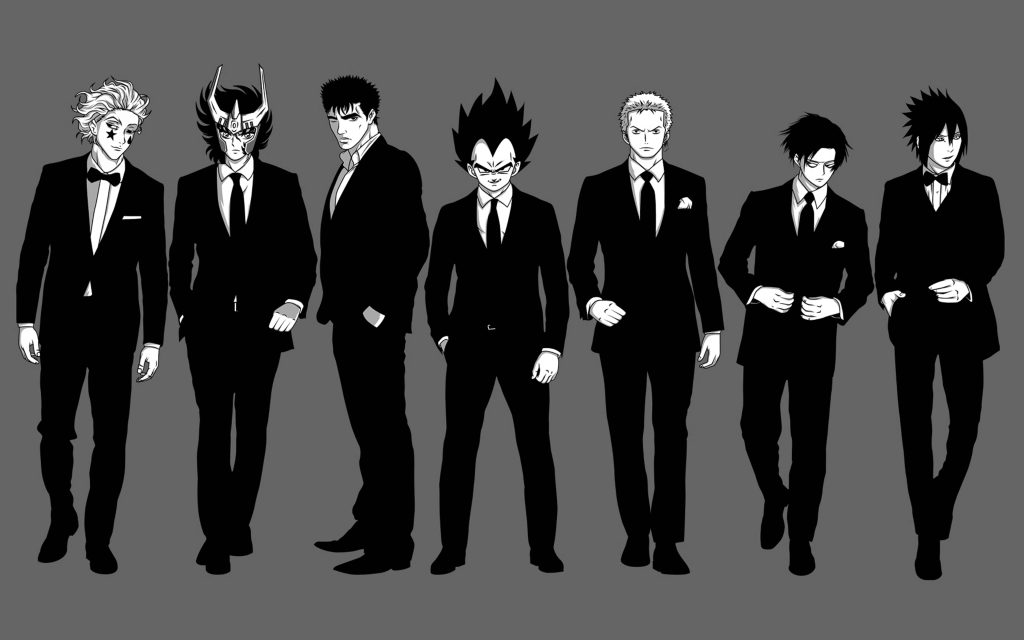 Anime legends Hisoka Seiya Guts Vegeta Zoro Levi Sasuke in stylish black suits 4K wallpaper