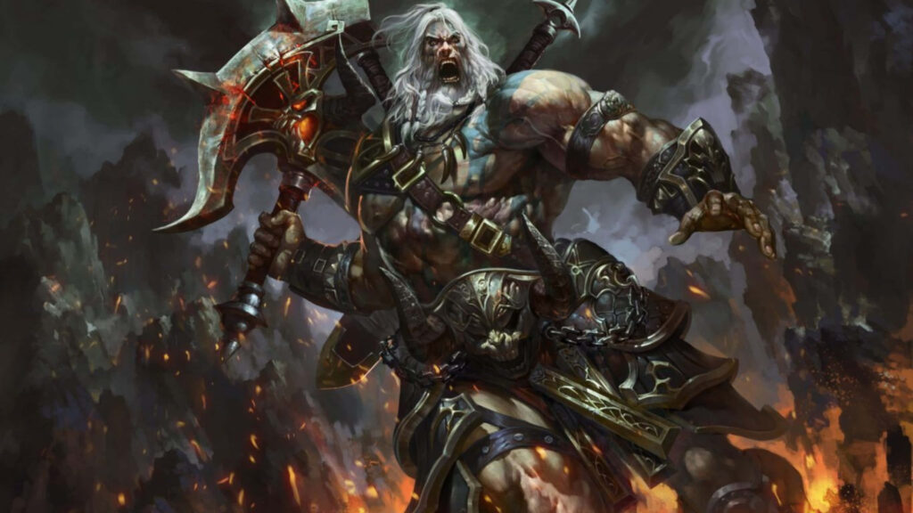4K Male Barbarian Wallpaper: Intense Action with Flames & Stormy Background