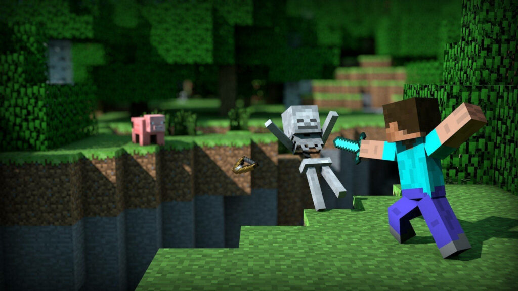 Fearless Warrior Engages in Epic Battle with a Stone Golem - Stunning 4k Minecraft Scenery Wallpaper