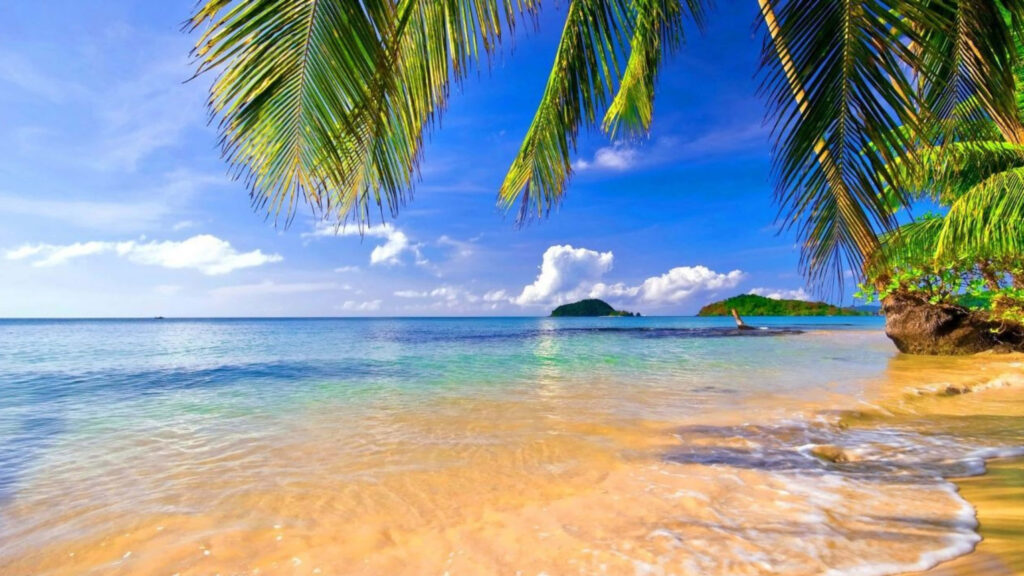 Stunning 4K Beach Background: Crystal Waters & Golden Sand Wallpaper