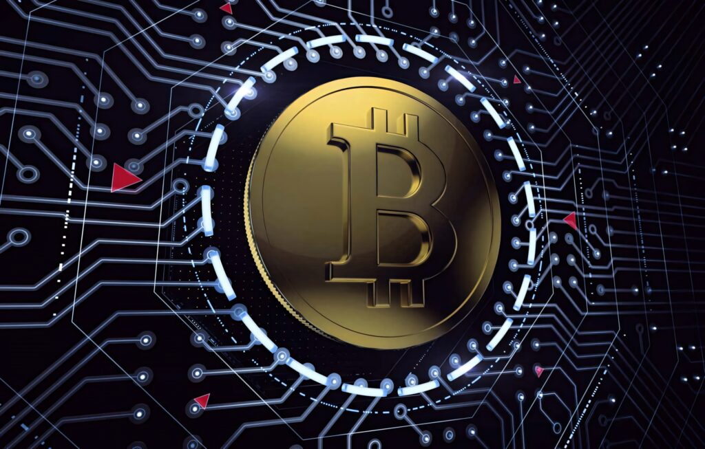 Gold Bitcoin symbol with detailed digital circuits 4k wallpaper blockchain technology background