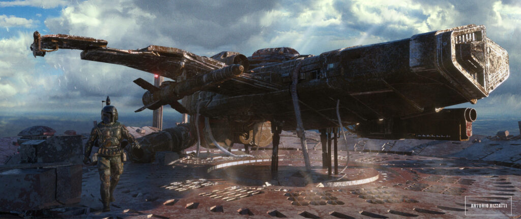 4K Boba Fett Wallpaper: Futuristic Spaceship & Dramatic Sky