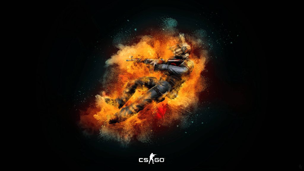 4K CS GO wallpaper GIGN counter-terrorist with assault rifle in fiery orange explosion background