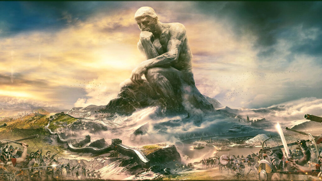 The Intellectual Majesty: Captivating Civilization V's 4K Backdrop with Rodin's Pondering Masterpiece, 'Le Penseur' Wallpaper