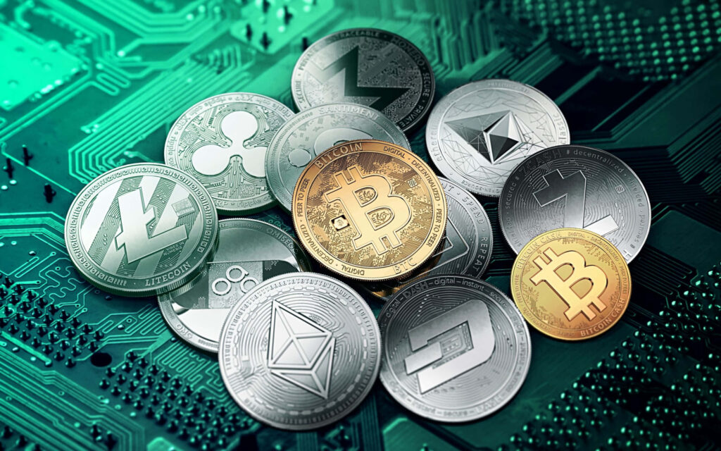 4k wallpaper of Bitcoin and cryptocurrency coins on circuit board symbolizing digital technology
