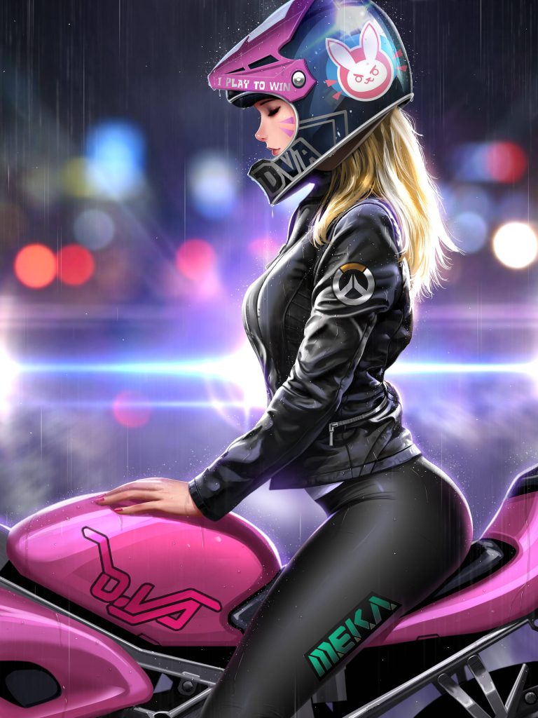 Blonde D.Va in Overwatch helmet on pink motorcycle neon city night rain 4K wallpaper background